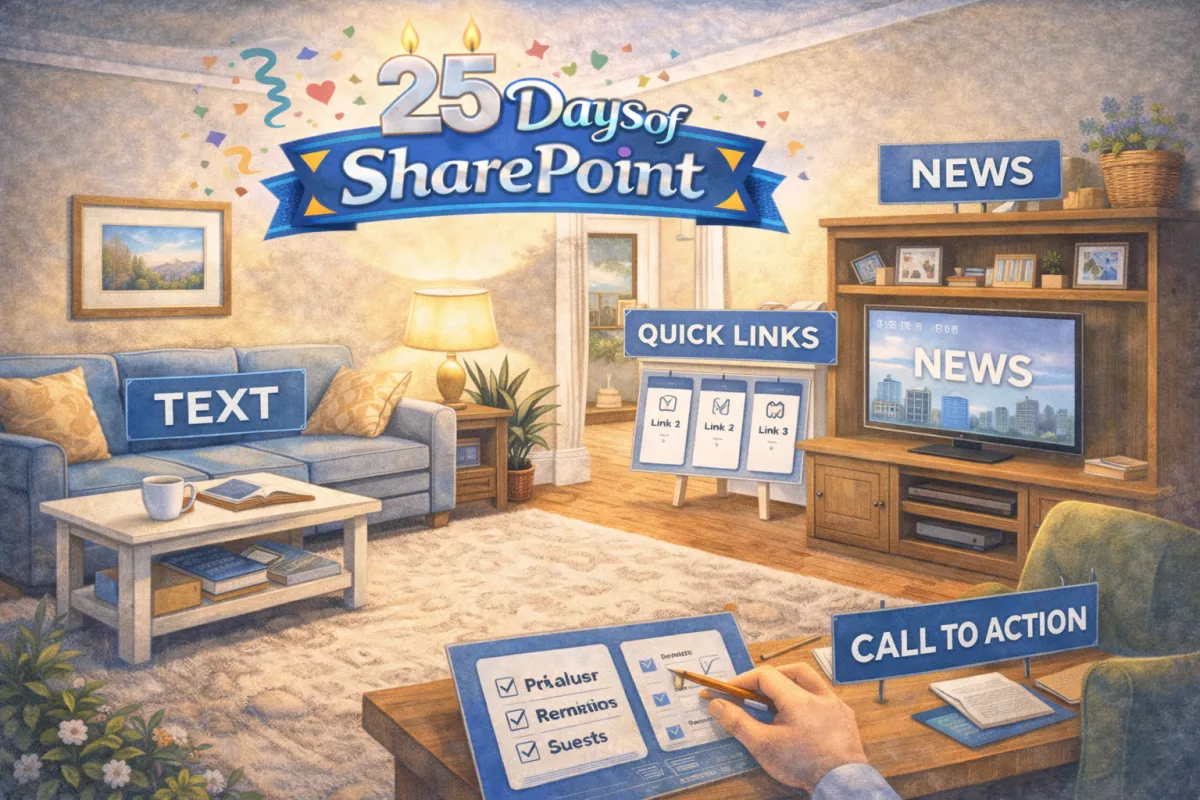 Living room scene with labeled zones for Text, Quick Links, News, and Call to Action under the 25 Days of SharePoint banner.