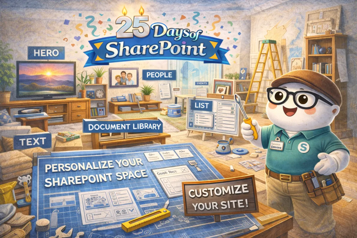 SharePoint mascot renovates a room with labeled areas for Hero, People, Text, Lists, and Document Library under the 25 Days of SharePoint banner.
