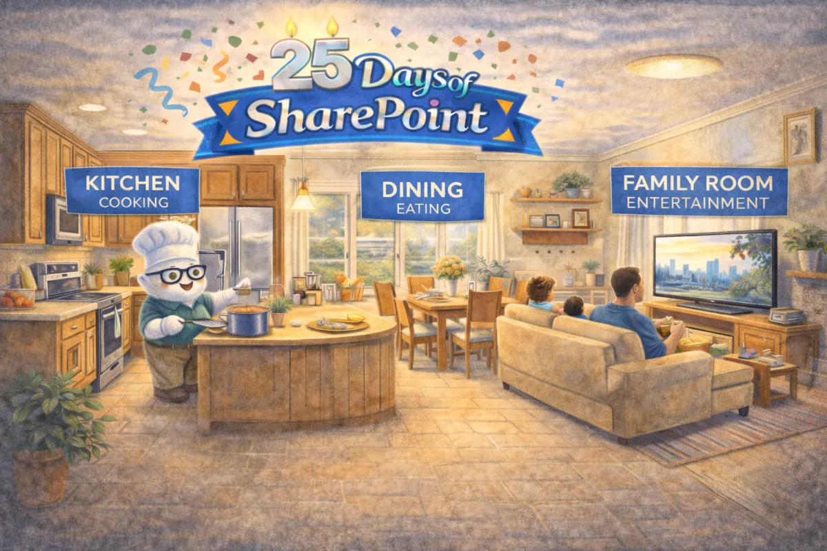 Open-concept great room labeled Kitchen, Dining, and Family Room under a 25 Days of SharePoint banner.