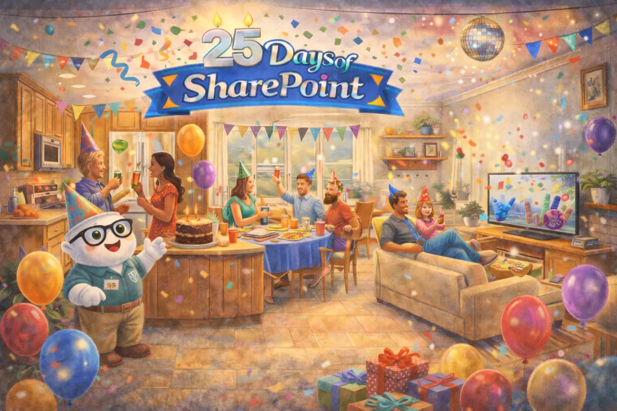 Housewarming party in a great room with balloons and confetti, hosted by the SharePoint mascot.