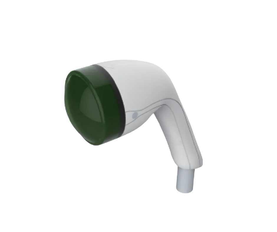 HyperWave device on studio pedestal, three-quarter view, teal rim lighting