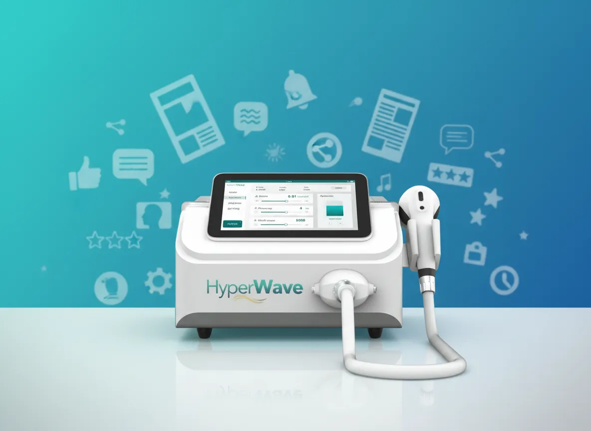 Sleek, high-tech medical shockwave therapy device with cyan glowing accents