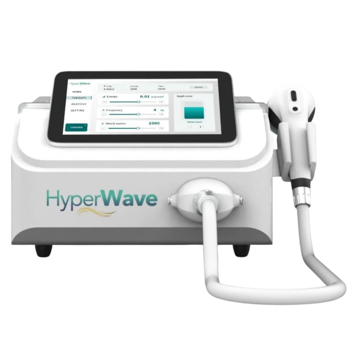 Sleek, high-tech medical shockwave therapy device with cyan glowing accents