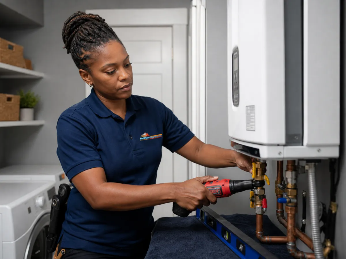 Hot Water Express technician installing a tankless water heater in a DMV home
