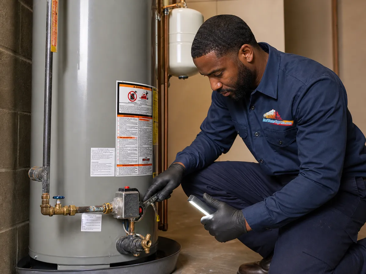 Hot Water Express technician servicing a residential tank water heater in the DMV