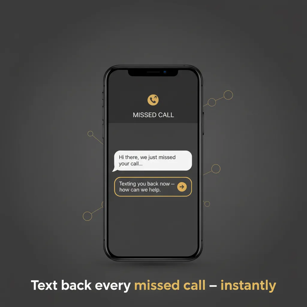 Phone mockup showing automated SMS reply workflow for missed calls.
