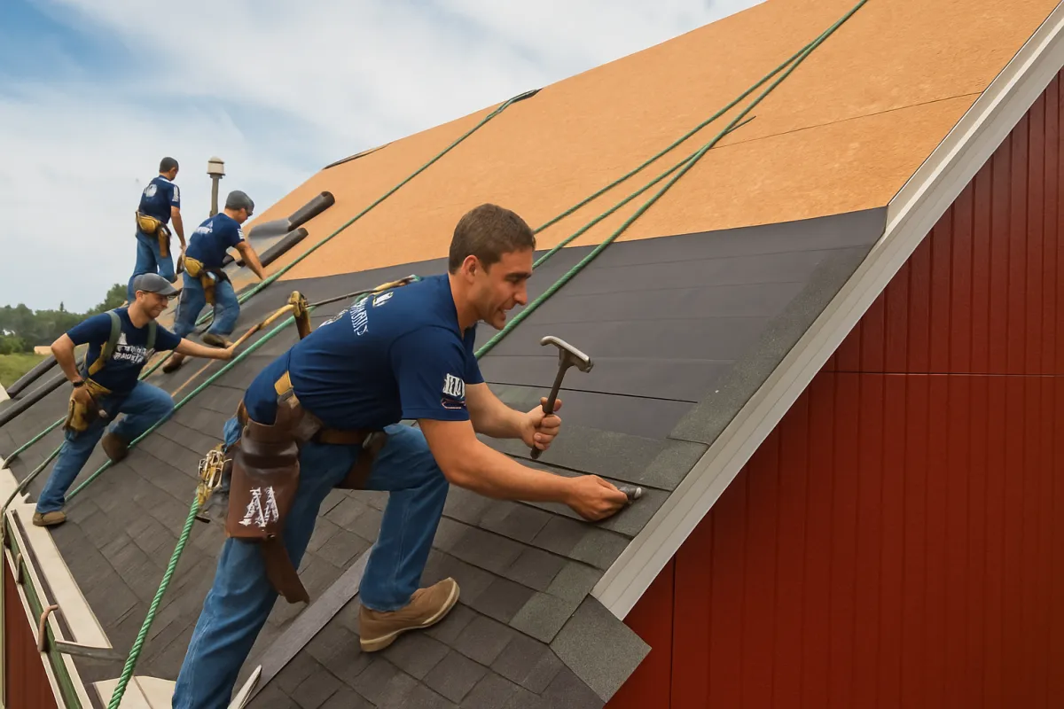Single roofer in a branded Mr. Home Rx jacket inspecting an asphalt shingle roof at golden hour, ladder and toolbox present, photorealistic, warm directional light highlighting texture and workmanship, confident professional pose