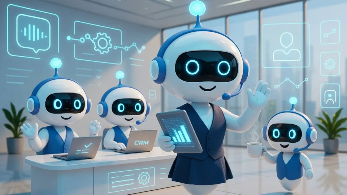 Illustration of a friendly AI assistant robot at a desk interacting with a laptop and chat bubbles.