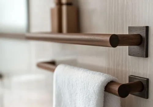 Modern bathroom featuring coordinated chrome accessories including towel bar and toilet paper holder in Durham Region home