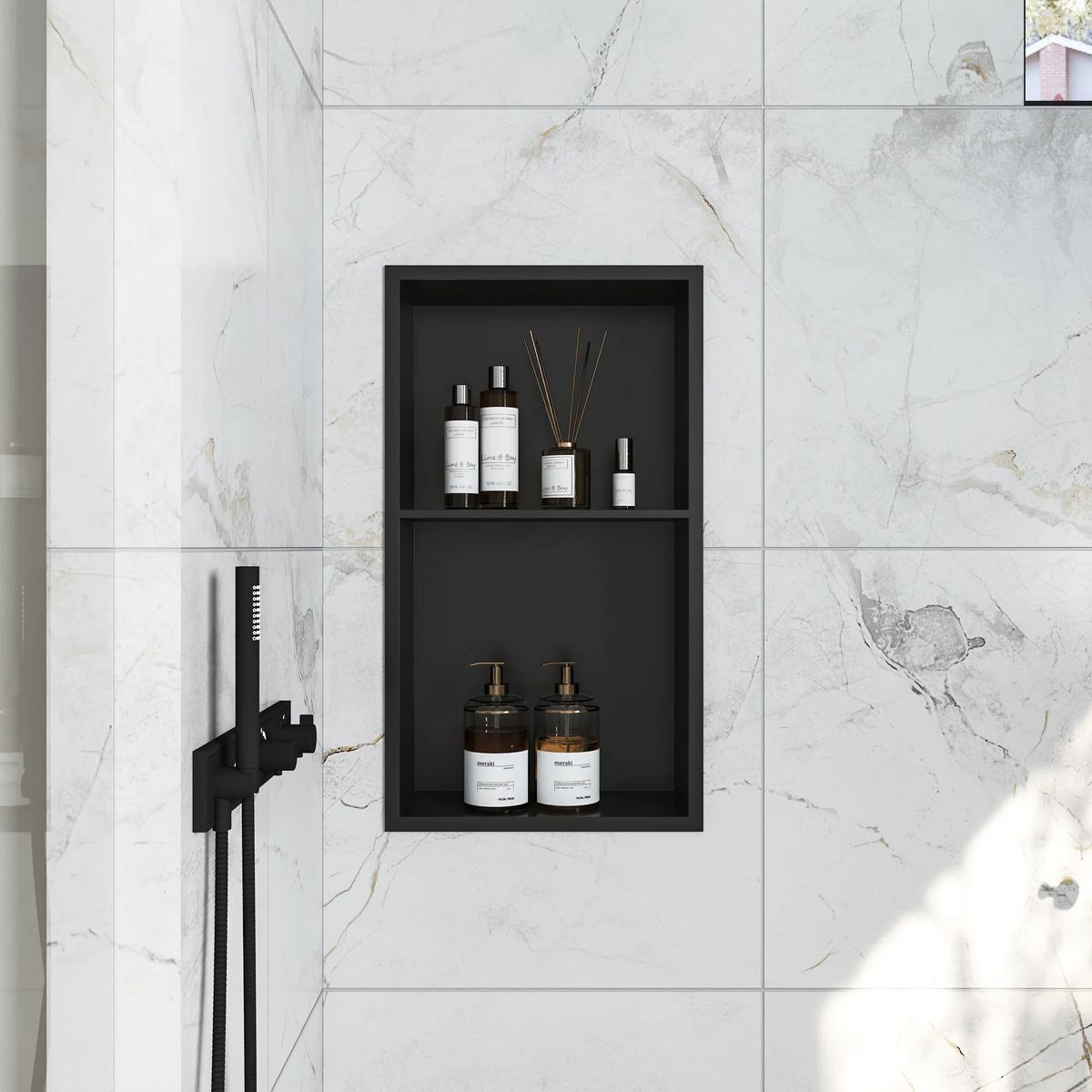 Modern walk-in shower featuring built-in quartz storage niche in Durham Region bathroom