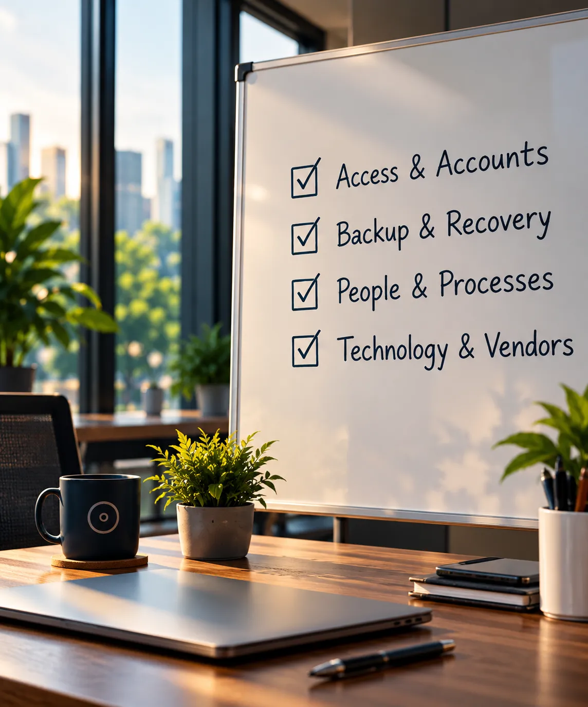 Executive reviewing enterprise documentation and system architecture blueprints in a modern office