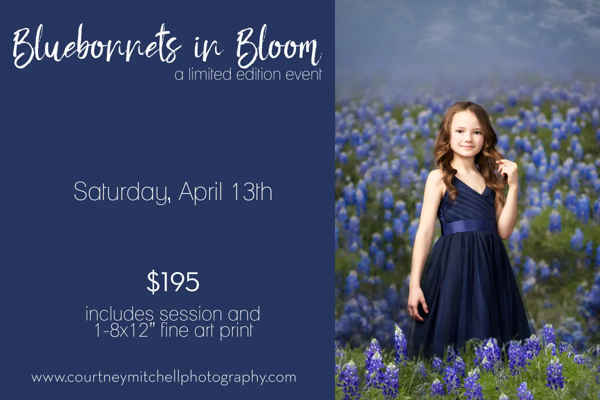 A flyer for Bluebonnet in Bloom, a portrait event for children featuring Texas Bluebonnets