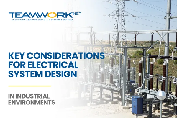 TEAMWORKnet article cover featuring an industrial electrical substation and high-voltage infrastructure with the title “Key Considerations for Electrical System Design in Industrial Environments” focused on reliability, infrastructure planning, and industrial power system design.