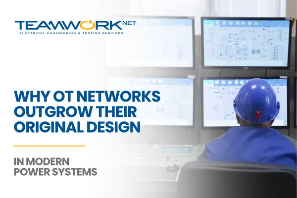 Engineer monitoring an industrial SCADA control room for OT network operations in a modern power system.