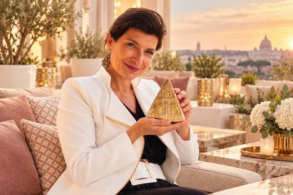 Marketa Landler hält lächelnd eine ägyptische Pyramidenspitze in den Händen – Symbol für vier Werte eines bewussten und erfüllten Lebens.