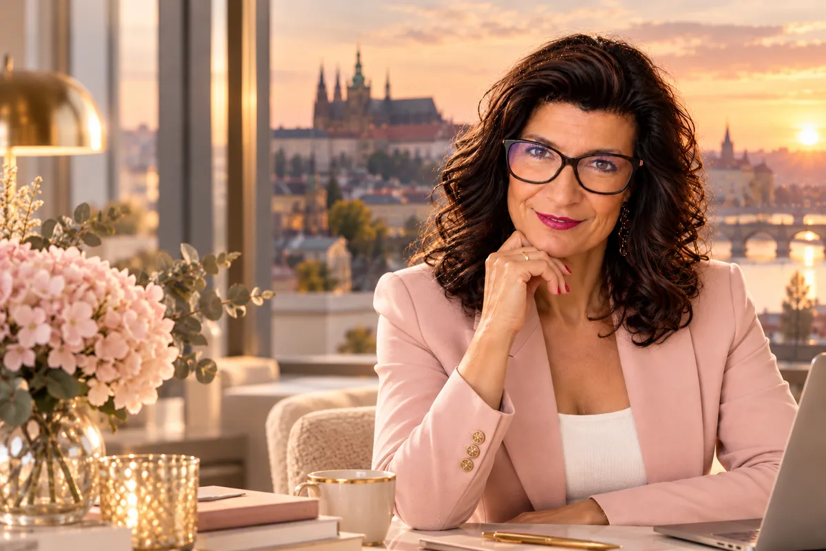 Marketa Landler sitzt nachdenklich in einem eleganten Büro mit Blick auf Prag bei Sonnenuntergang. Sie trägt einen puderrosa Blazer und eine Brille.