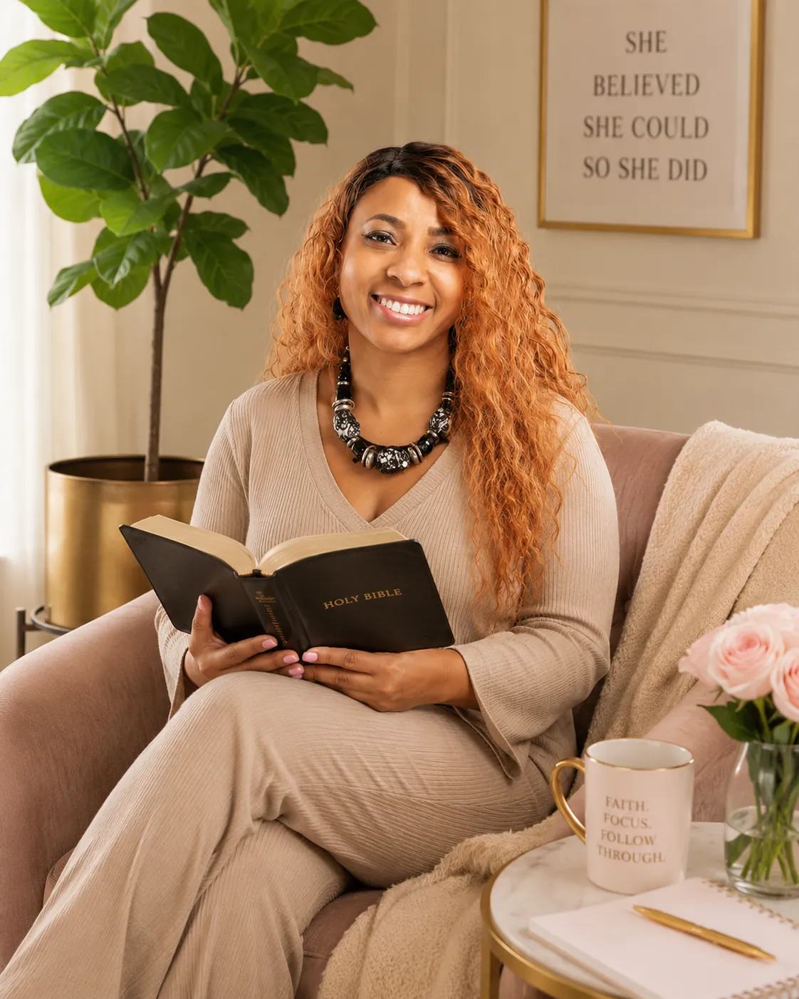 Women journaling and praying together in a warm, peaceful setting