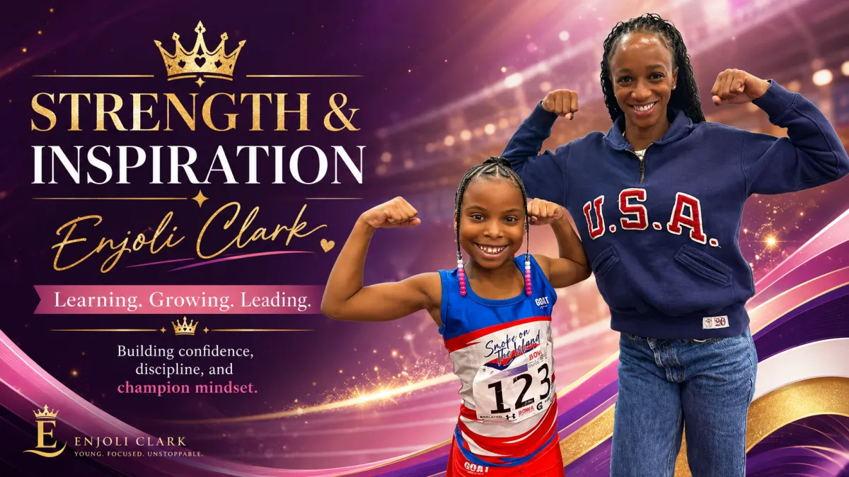 Enjoli Clark in a professional media setting, wearing luxury sportswear
