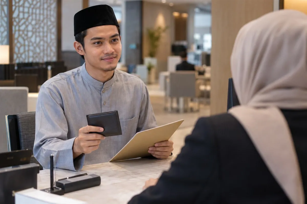 Illustrative customer preparing account-opening documents at a service desk