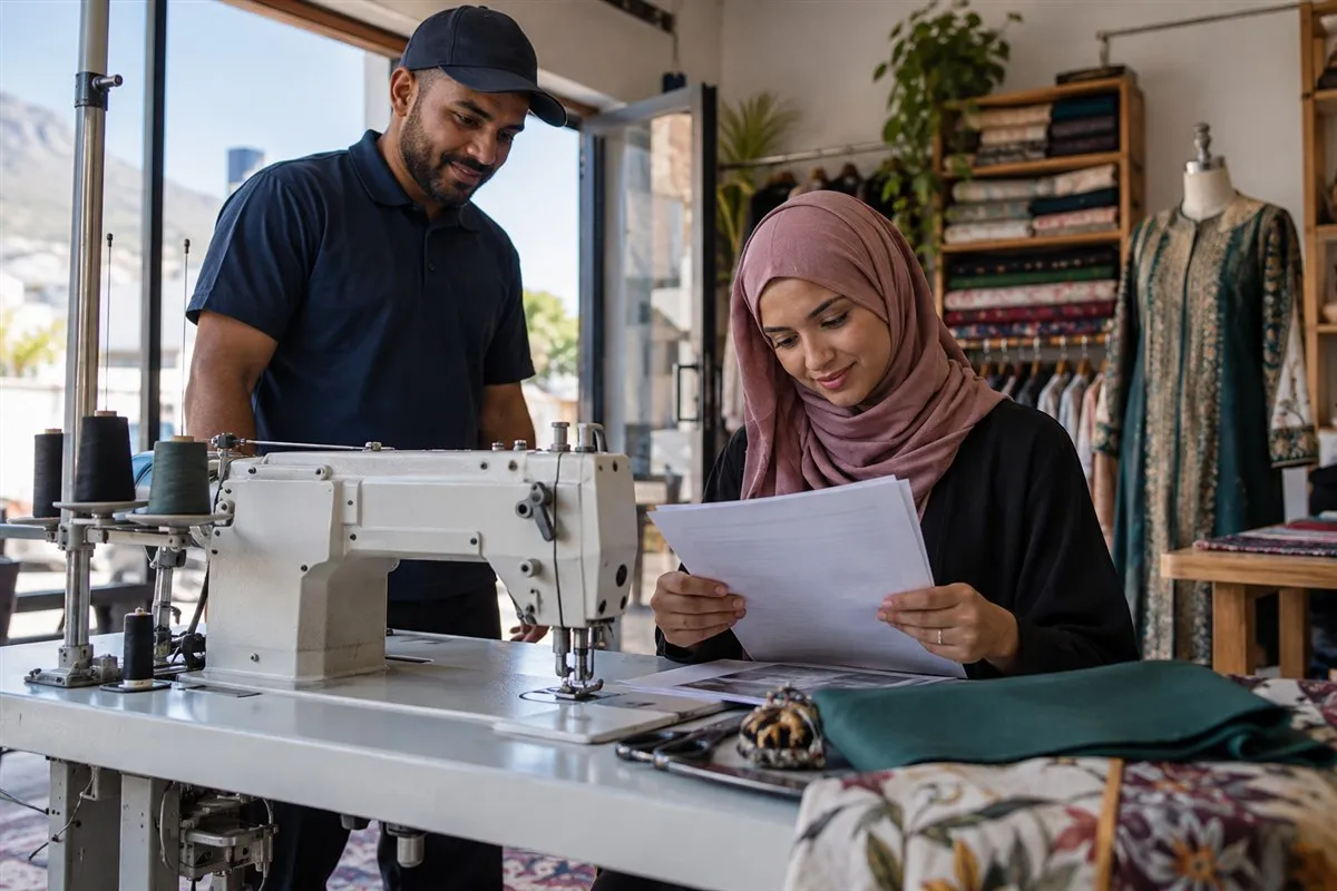 Illustrative tailoring-business owner reviewing an equipment agreement