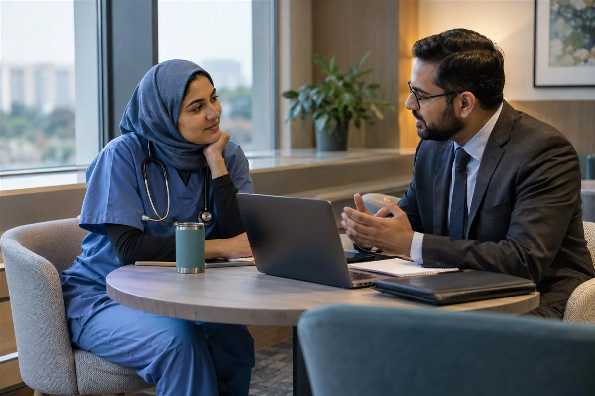 Illustrative medical professional discussing financial planning after a shift