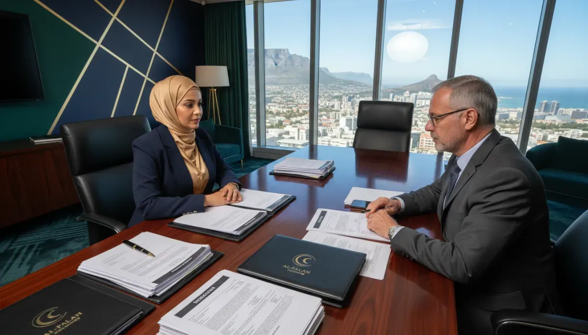 Illustration of two professionals discussing financial-planning documents in a Cape Town office.