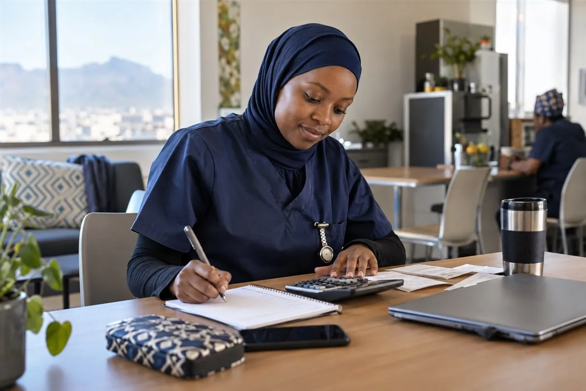 Illustrative healthcare worker reviewing a household budget