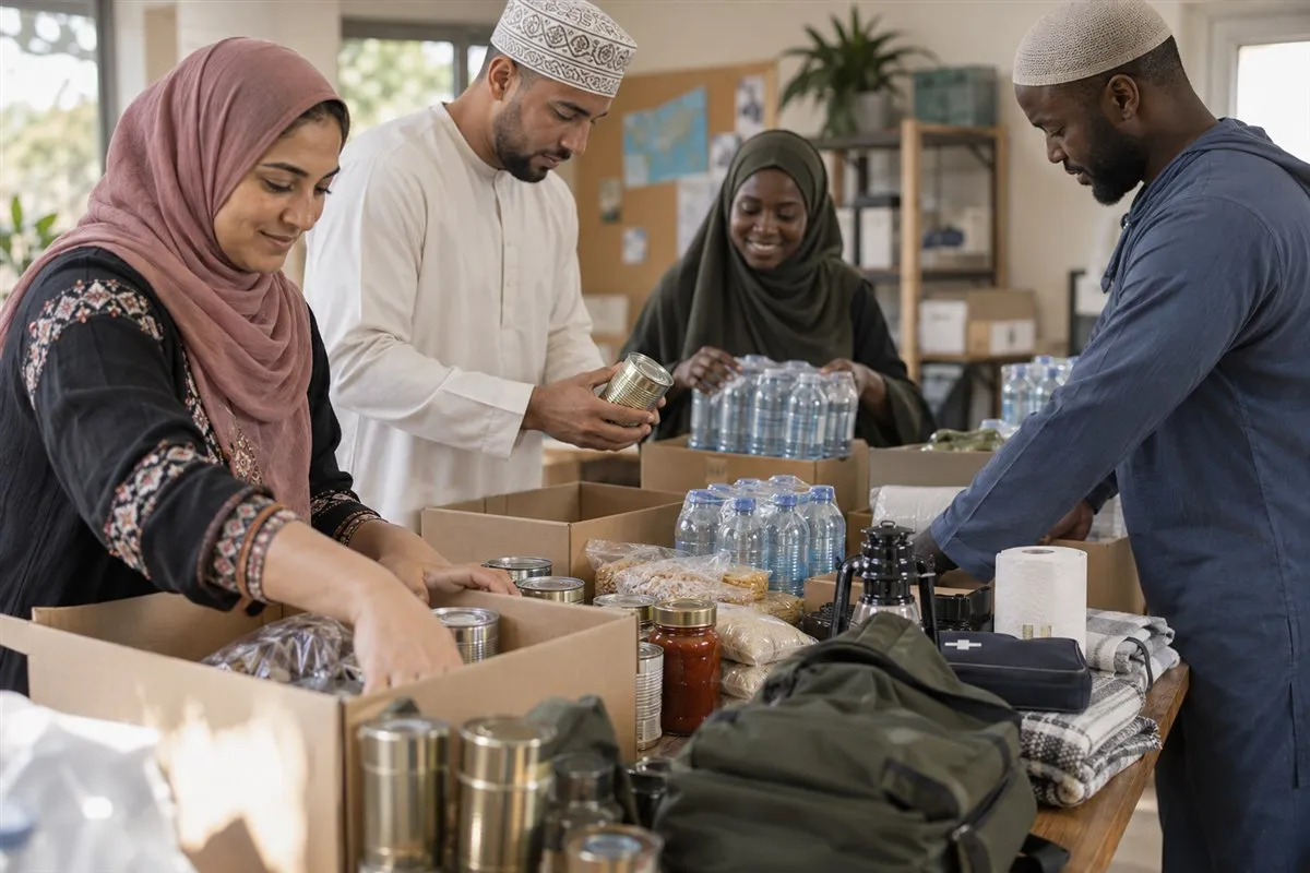 Illustrative neighbours organising shared emergency supplies