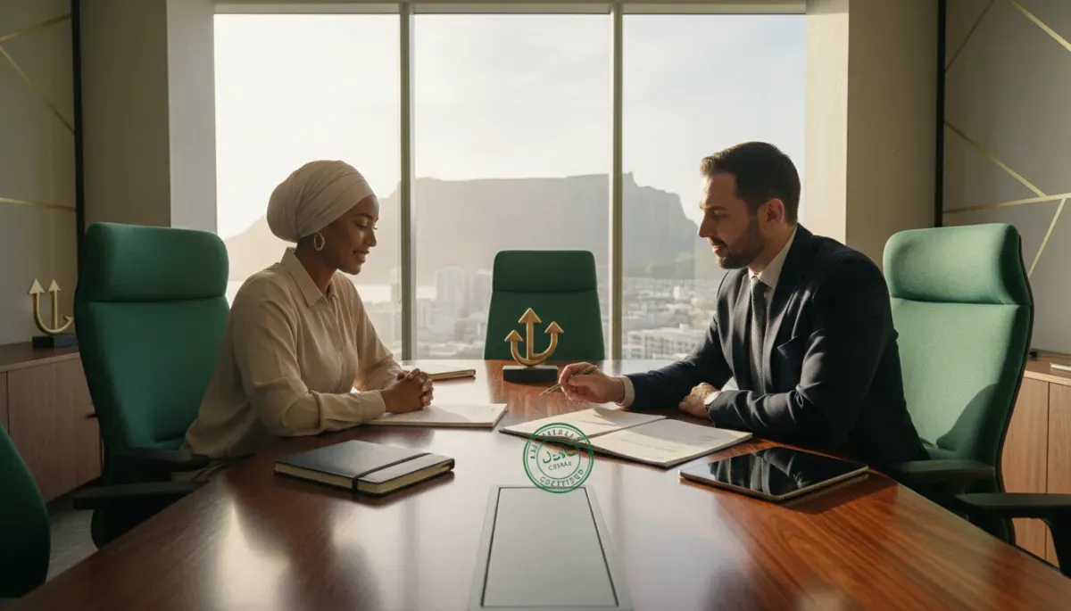 Illustration of an investor and adviser comparing investment documents in an office.
