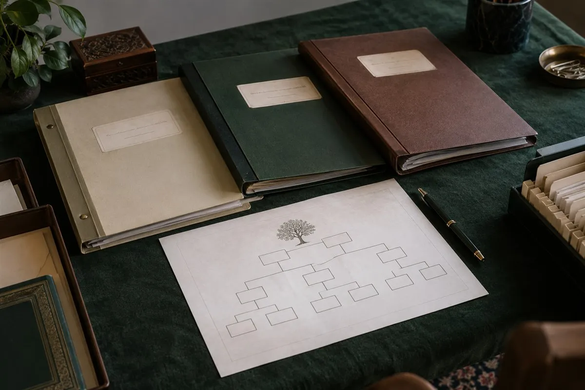 Illustrative trust folders and a family relationship chart