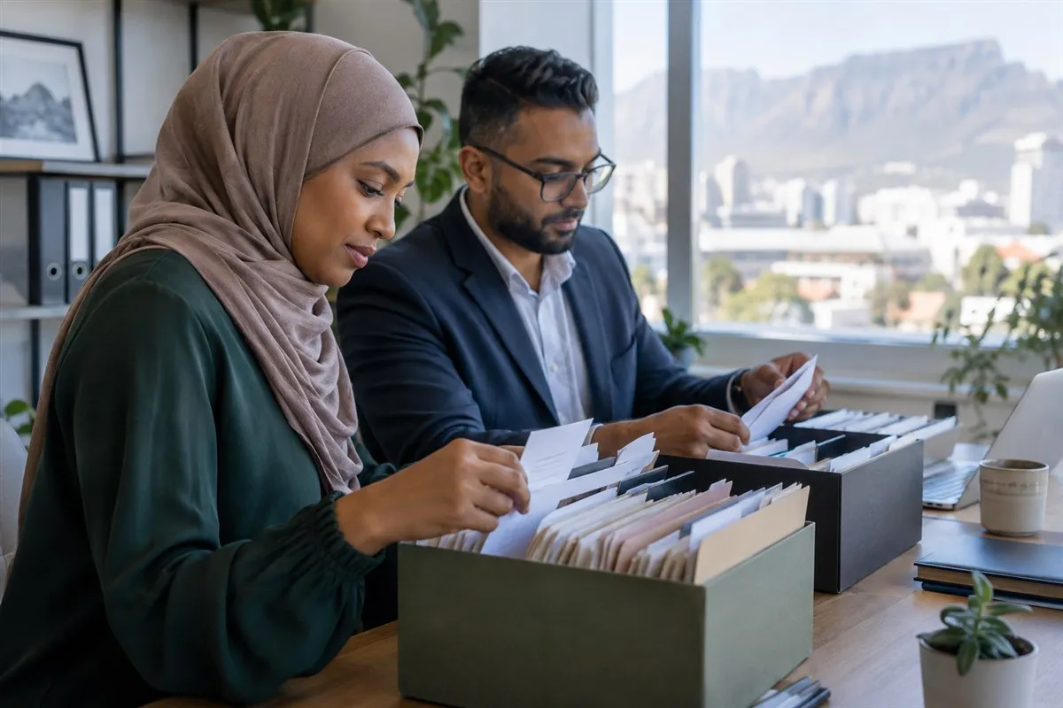 Illustrative businesswoman organising tax records with a professional