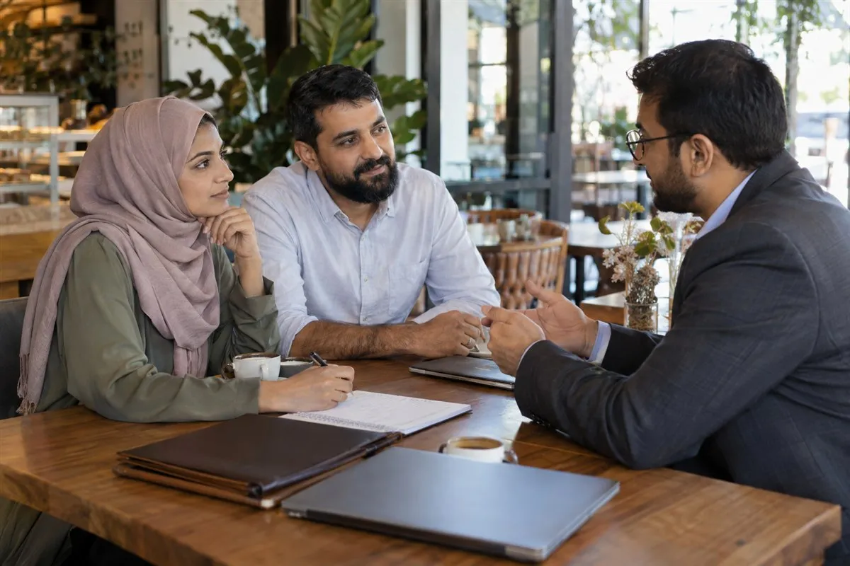 Illustrative couple discussing adviser-selection questions