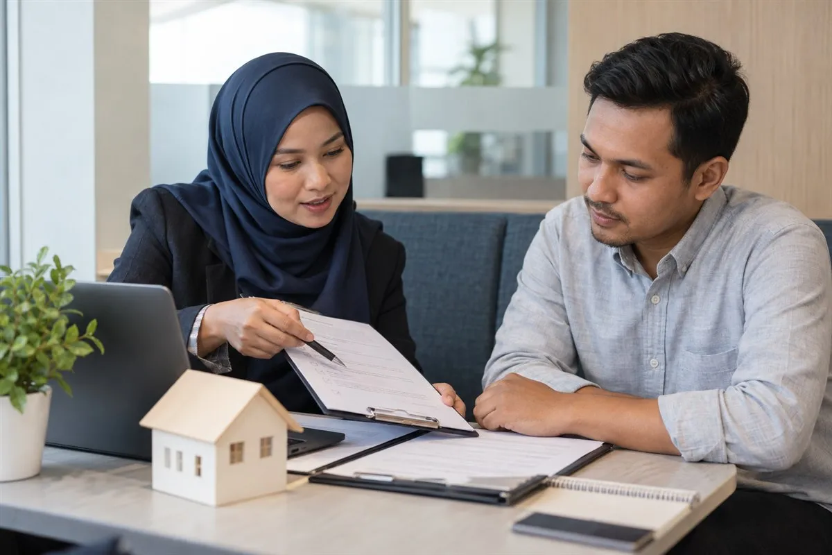 Illustrative adviser reviewing a home-finance application checklist with a client