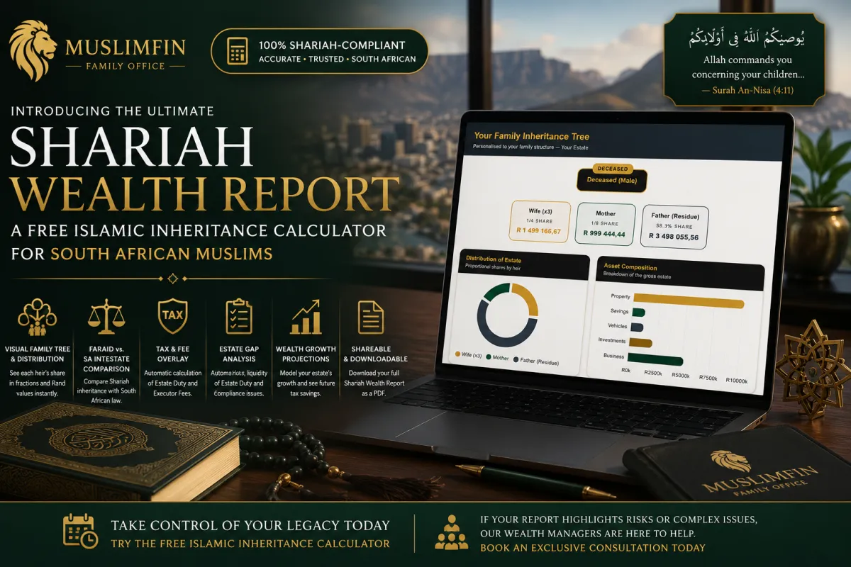 MuslimFin Shariah Wealth Report dashboard showing the Islamic Inheritance Calculator for South African Muslims with a family inheritance tree, estate distribution and wealth planning analysis.