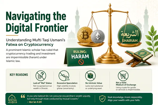 Illustration depicting the Islamic perspective on cryptocurrency. A large Bitcoin coin overlaid with a red prohibition symbol appears beside a Qur'an and prayer beads on a wooden surface, with blurred financial market charts in the background. The headline reads, "Cryptocurrency and Islam: What the Scholars Say" with the subtitle, "Understanding Mufti Taqi Usmani's ruling on digital assets." A quotation from Qur'an 4:29 emphasises conducting trade justly and by mutual consent. The design uses gold, green and dark blue tones to convey an editorial discussion on the permissibility of cryptocurrency under Shariah.  Select 1 more word to run Humanizer.