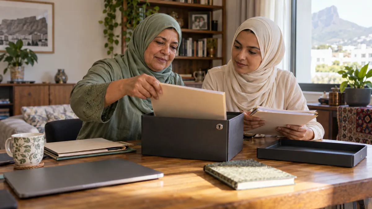 Illustrative mother and daughter organising family records in a lockable document box