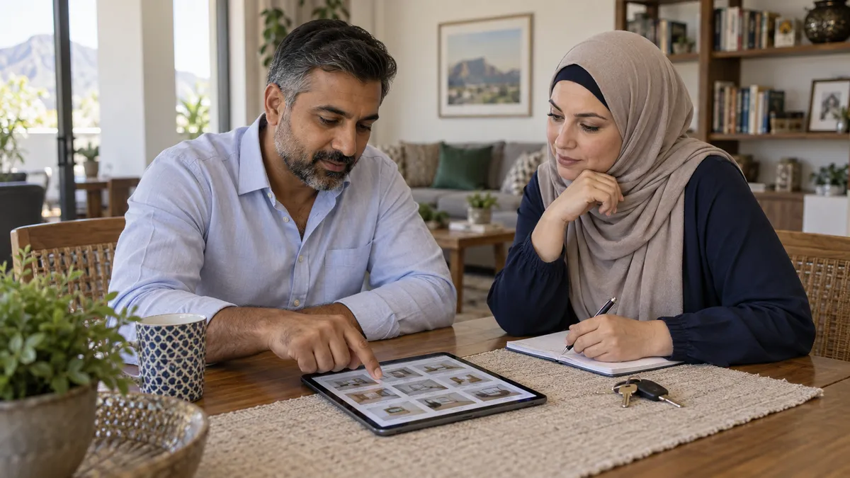 Illustrative couple reviewing a household inventory together before renewing their cover