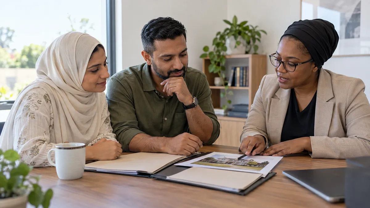 Illustrative couple and professional reviewing documents for a home-finance application