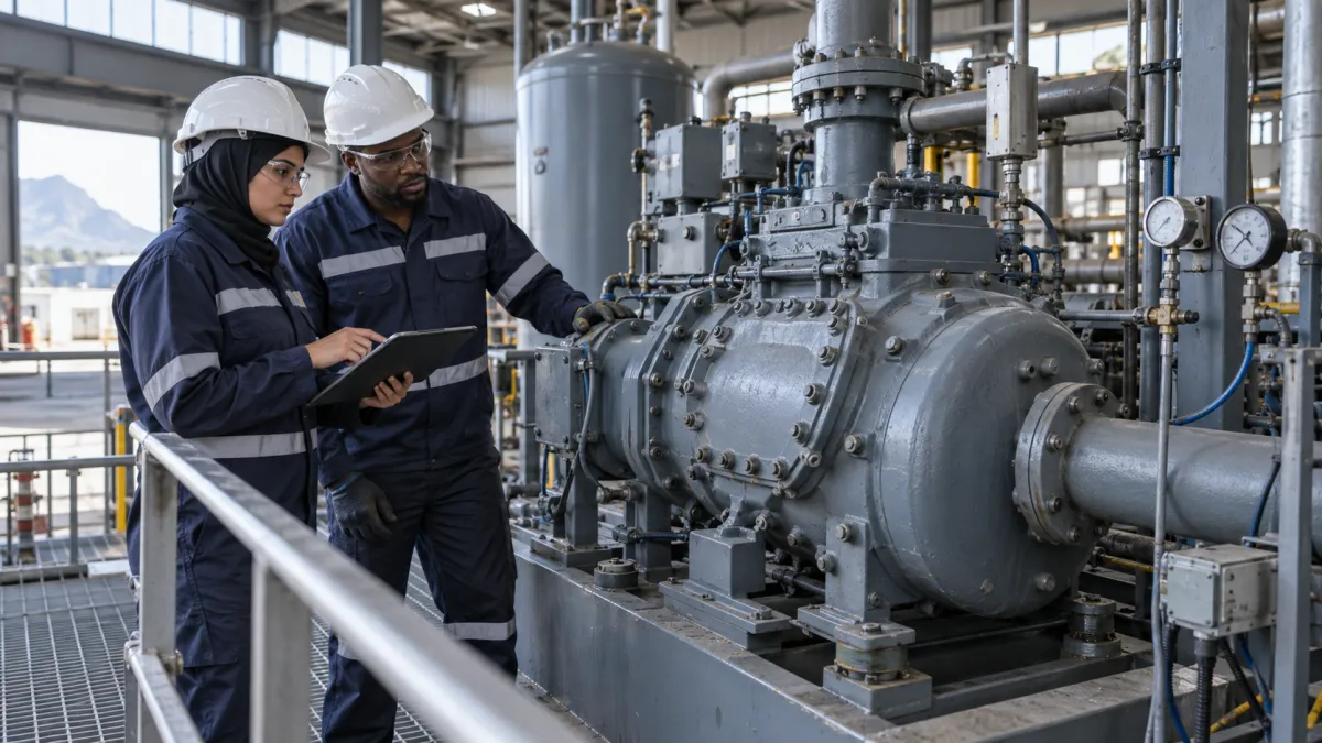 Illustrative engineers reviewing a maintenance checklist beside industrial refrigeration machinery.