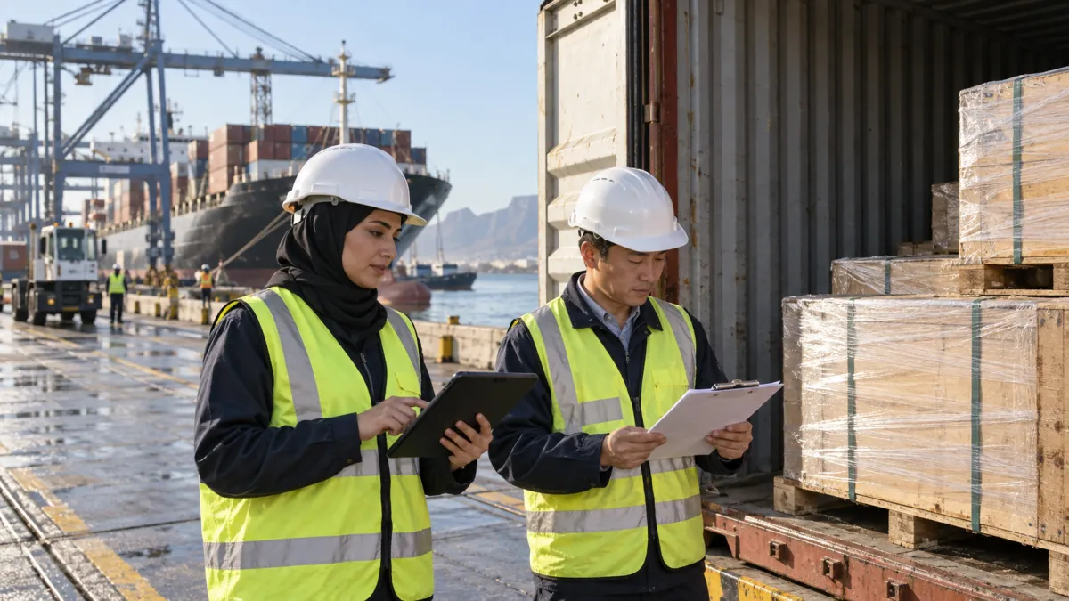 Illustrative logistics professionals checking export crates beside a shipping container.