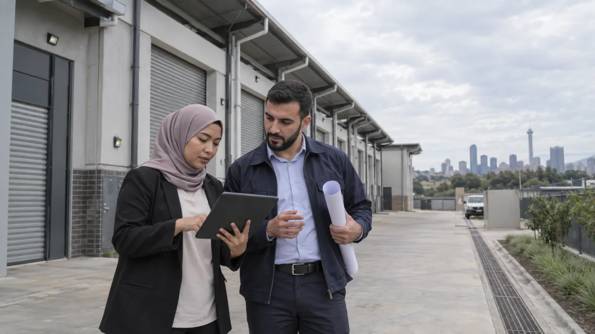 Illustrative property professionals reviewing a building-condition checklist outside commercial premises.