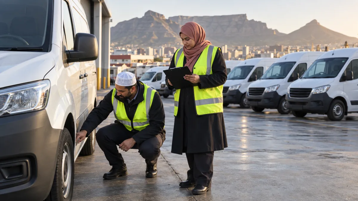 Illustrative fleet managers completing a tyre and vehicle-safety check at a delivery depot.