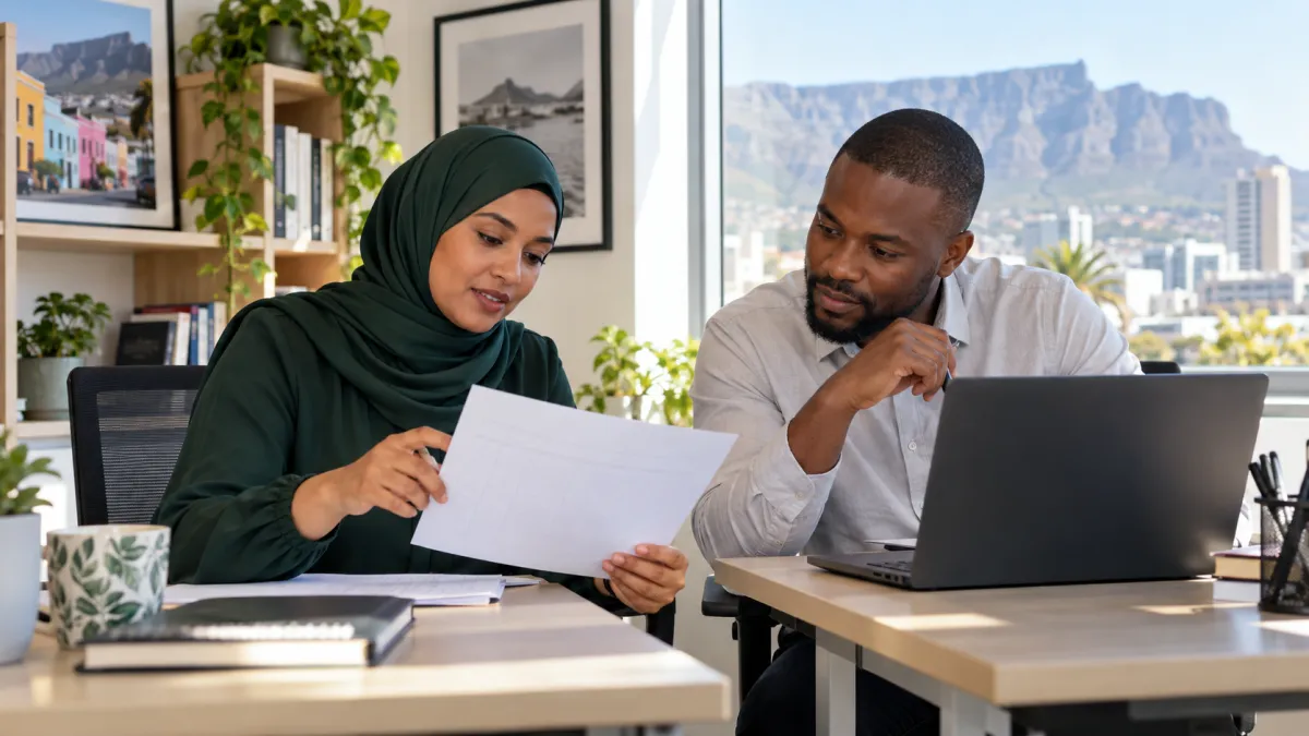 Illustrative finance colleagues cross-checking an invoice and payment records.