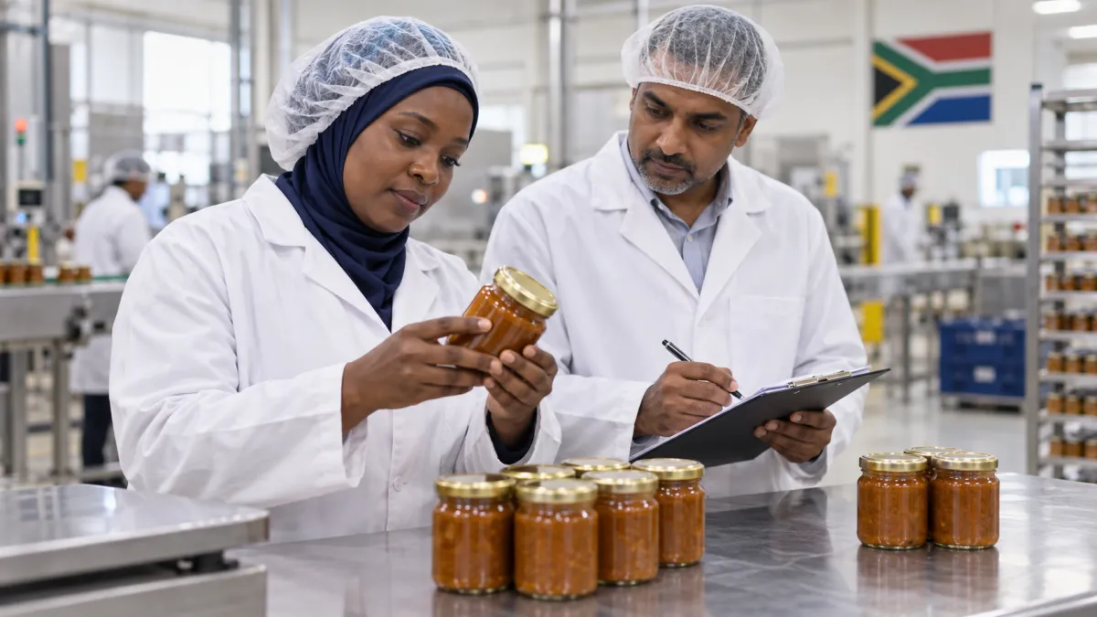 Illustrative food-quality professionals checking a batch of sealed jars for traceability.