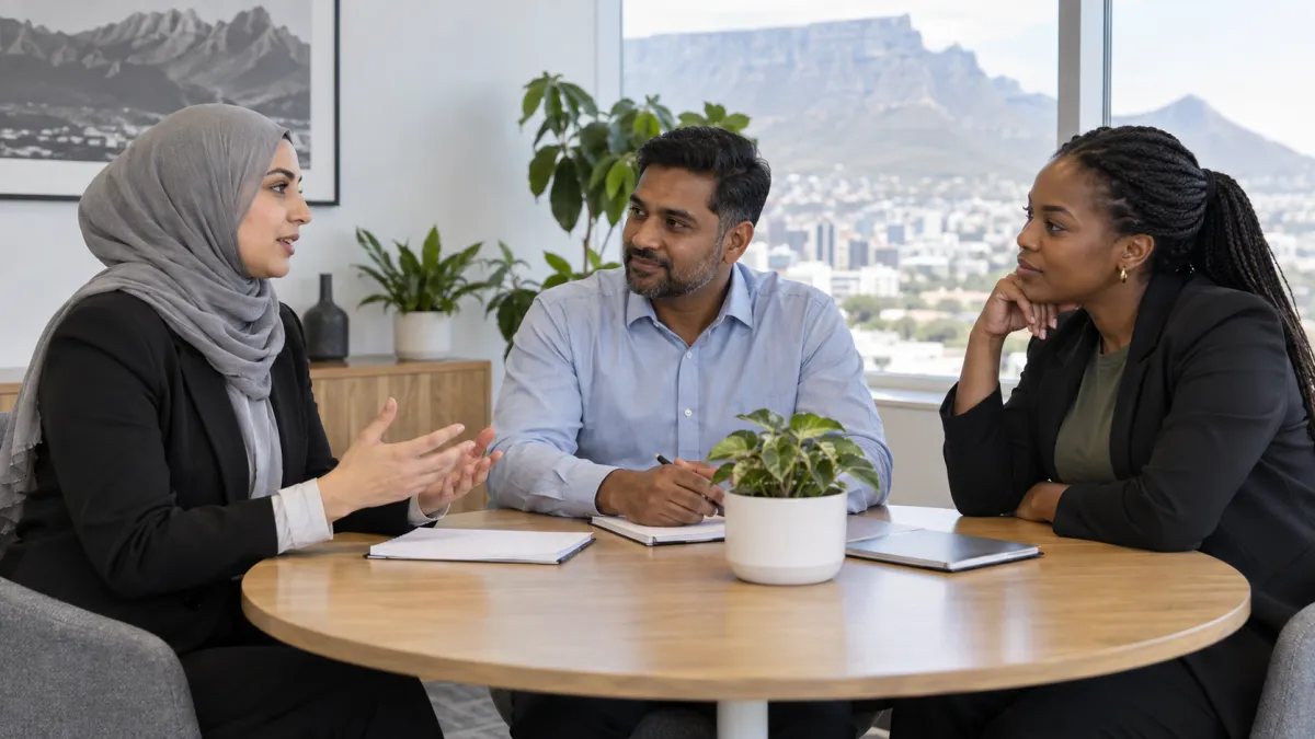 Illustrative colleagues holding a fair workplace discussion in a private meeting room.