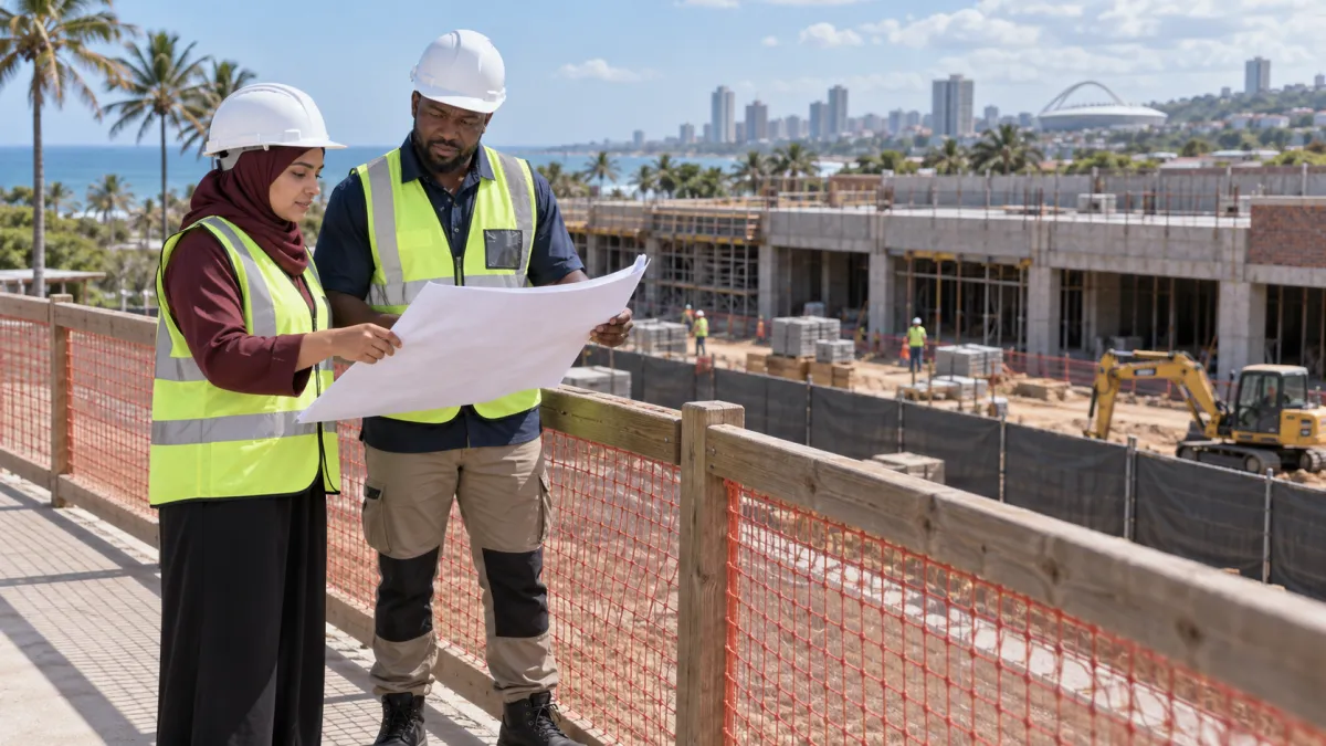 Illustrative construction professionals reviewing a site plan from a designated viewing area.