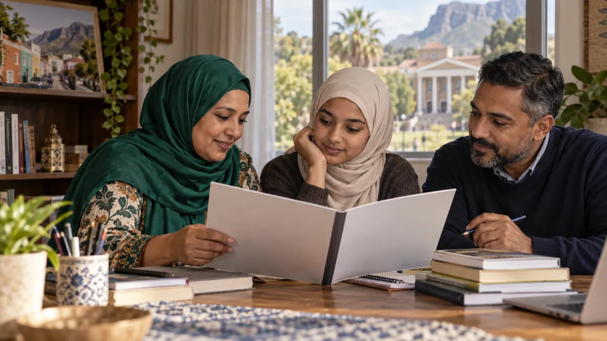 Illustrative parents and teenage learner reviewing an education prospectus beside school books.