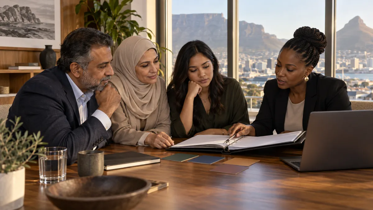 Illustrative family and adviser reviewing an investment-policy binder in a Cape Town office.