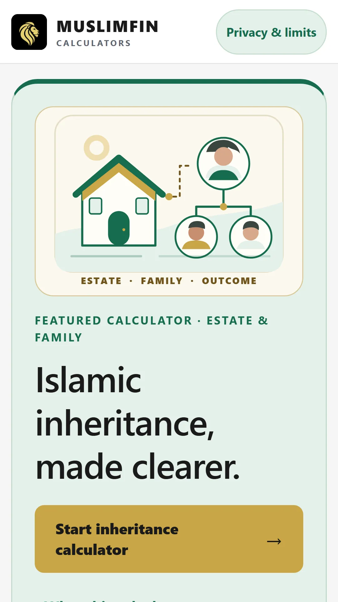 MuslimFin inheritance calculator home screen with estate and family illustration