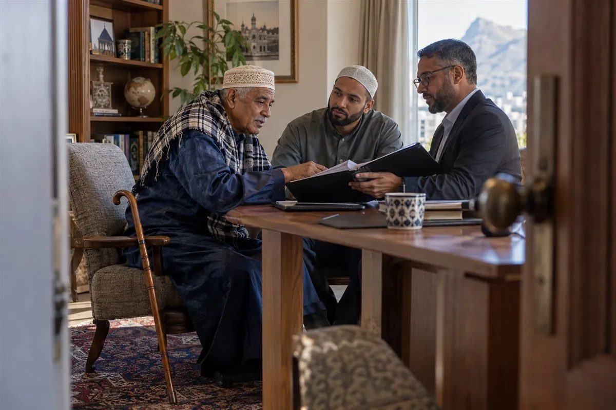 Illustrative senior family member discussing financial-authority documents with his son and a professional